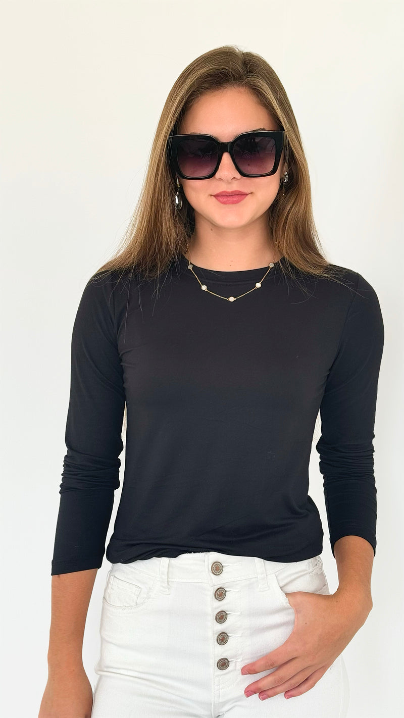 Anniston Brushed Microfiber Long Sleeve Neck Tee - Black-130 Long Sleeve Tops-Zenana-Coastal Bloom Boutique, find the trendiest versions of the popular styles and looks Located in Indialantic, FL