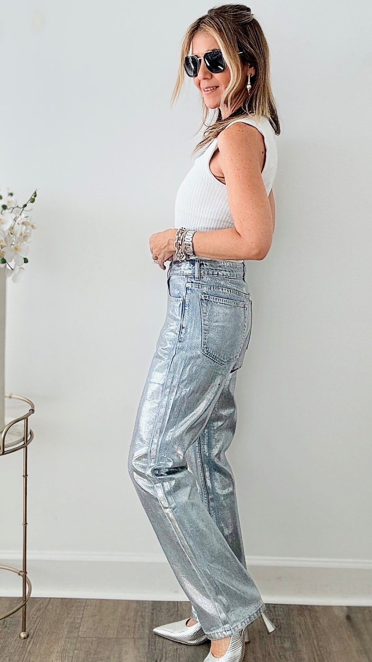 The Metallic Jean - Blue/Silver-170 Bottoms-MISS LOVE-Coastal Bloom Boutique, find the trendiest versions of the popular styles and looks Located in Indialantic, FL