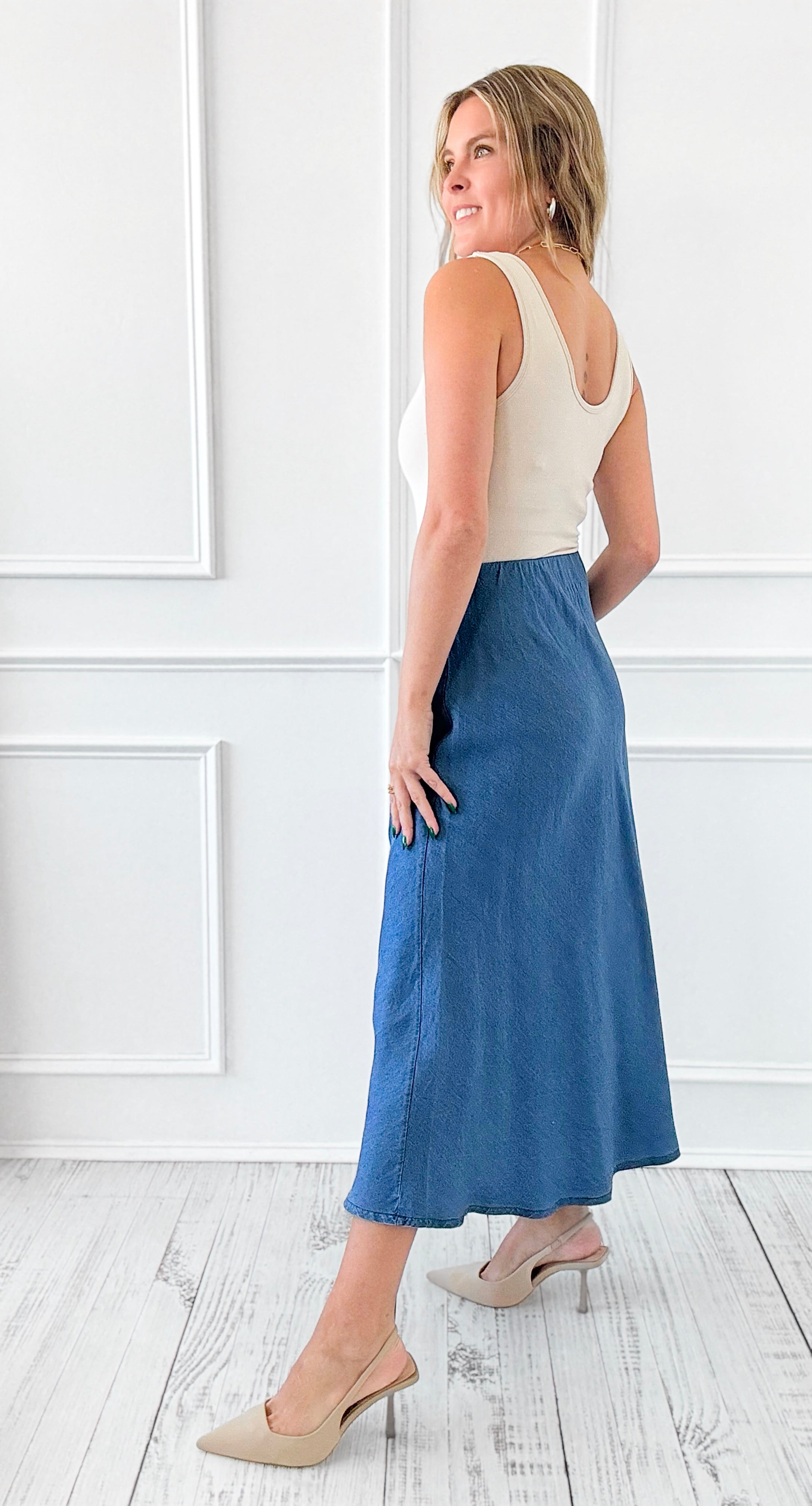 Denim Italian Midi Skirt- Medium-170 Bottoms-Italianissimo-Coastal Bloom Boutique, find the trendiest versions of the popular styles and looks Located in Indialantic, FL