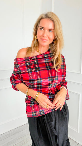 Plaid & Polished Off Shoulder Italian Top- Red