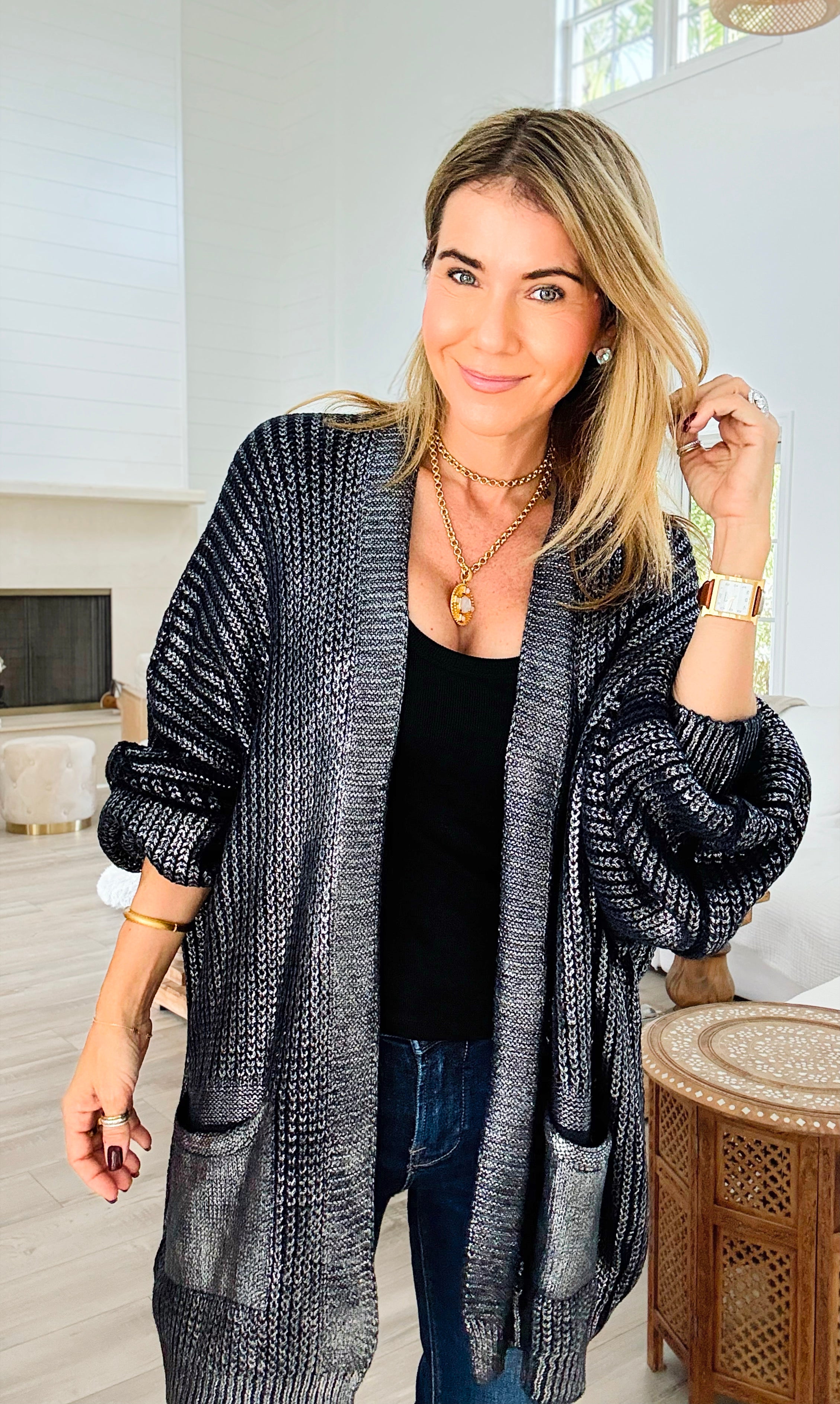 Mirrored Metallic Sugar High Italian Cardigan- Navy/ Silver-150 Cardigan Layers-Italianissimo-Coastal Bloom Boutique, find the trendiest versions of the popular styles and looks Located in Indialantic, FL