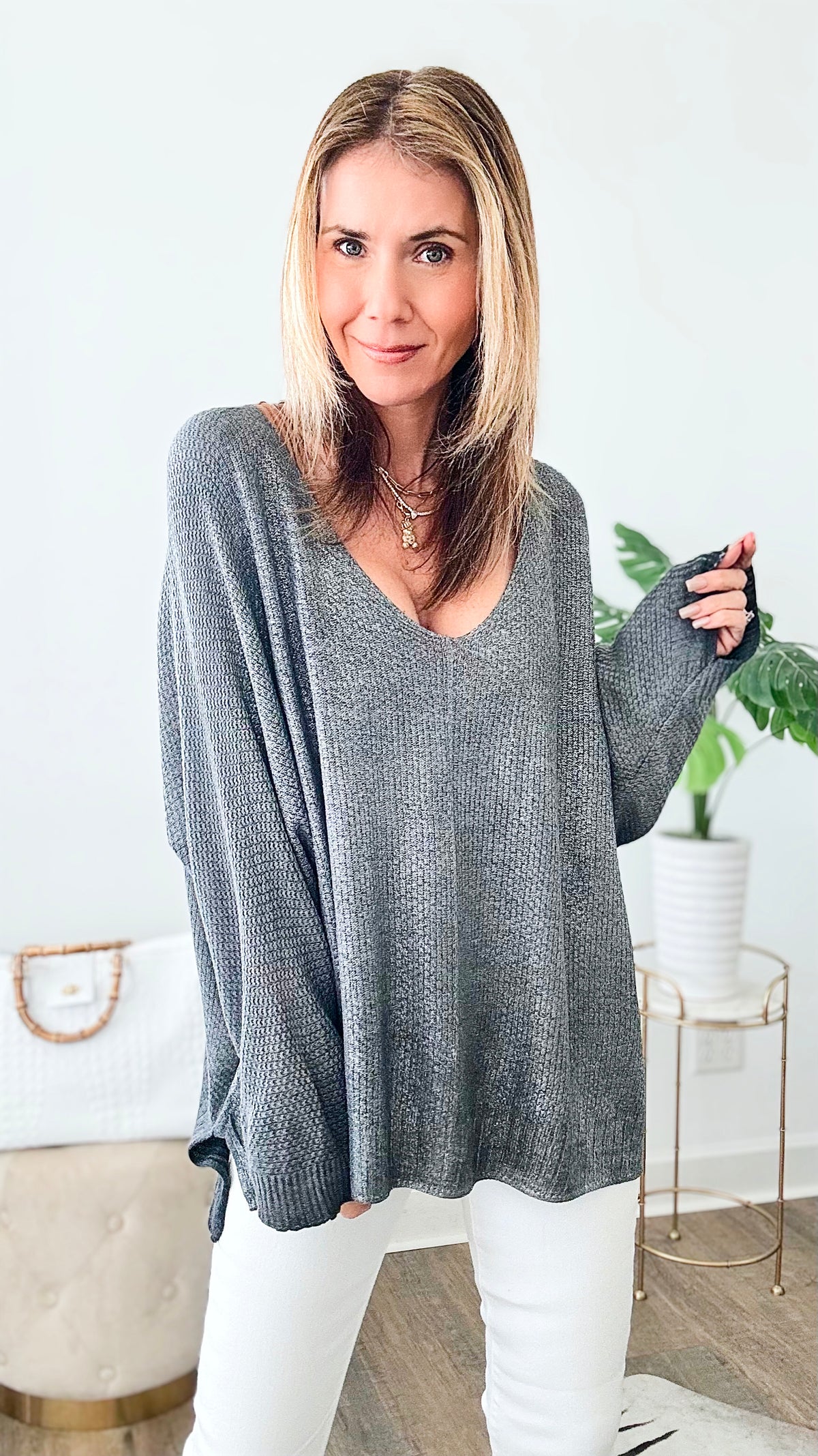 Shimmer Front Italian Sweater - Dark Grey-140 Sweaters-Look Mode-Coastal Bloom Boutique, find the trendiest versions of the popular styles and looks Located in Indialantic, FL
