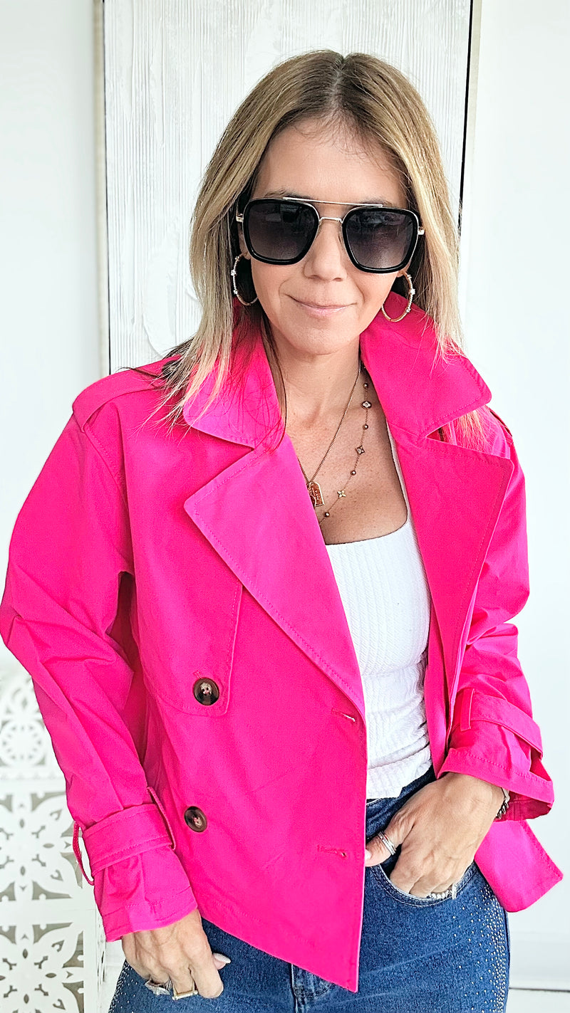 London Girl Cropped Trench Jacket - Fuchsia-160 Jackets-LOVE TREE-Coastal Bloom Boutique, find the trendiest versions of the popular styles and looks Located in Indialantic, FL