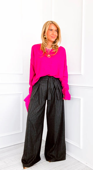 Elegance Pinstripe Bow Italian Pant- Charcoal