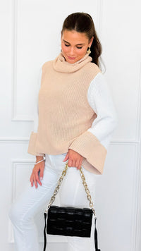 Two-Tone Turtleneck Flare Sleeve Sweater-140 Sweaters-ROUSSEAU-Coastal Bloom Boutique, find the trendiest versions of the popular styles and looks Located in Indialantic, FL