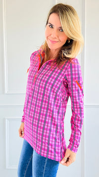 Pre Order- Plaid Allure Zip-Up Top-110 Long Sleeve Tops-Gretchen Scott-Coastal Bloom Boutique, find the trendiest versions of the popular styles and looks Located in Indialantic, FL