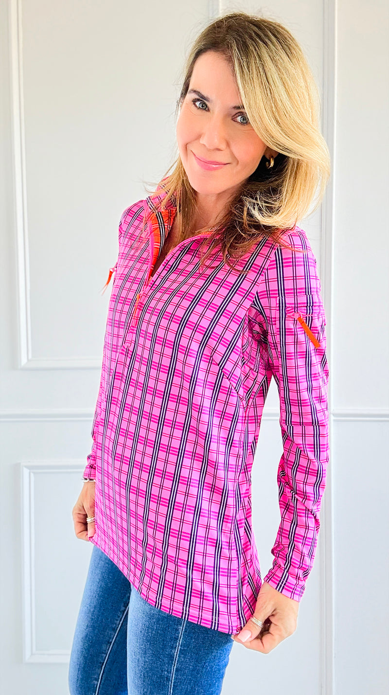 Pre Order- Plaid Allure Zip-Up Top-110 Long Sleeve Tops-Gretchen Scott-Coastal Bloom Boutique, find the trendiest versions of the popular styles and looks Located in Indialantic, FL