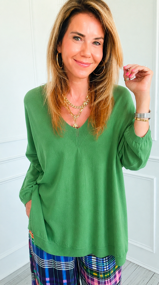 Good Taste V- Neck Max Italian Knit Top- Kelly Green