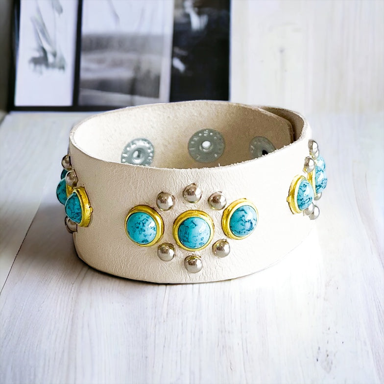 Leather Triple Turquoise Stone Thick Bracelet-230 Jewelry-Charlie Leather-Coastal Bloom Boutique, find the trendiest versions of the popular styles and looks Located in Indialantic, FL