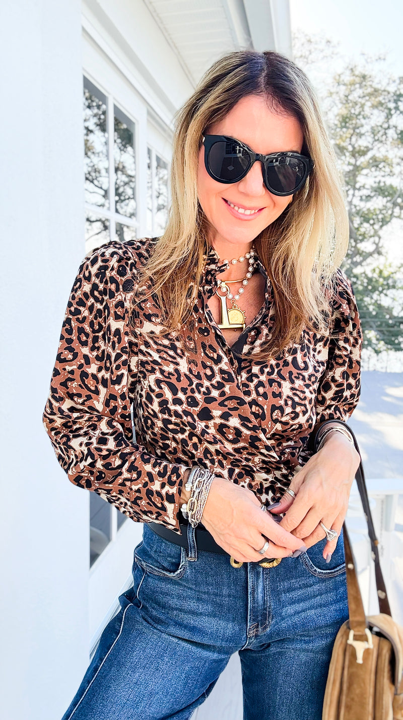 Wild Ruffle Neck Button Down Blouse - Black/Wil Print-110 Long Sleeve Tops-JODIFL-Coastal Bloom Boutique, find the trendiest versions of the popular styles and looks Located in Indialantic, FL