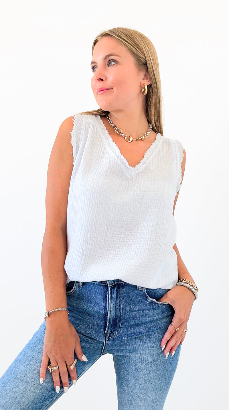 Casual Frayed V-Neck Top - White-100 Sleeveless Tops-Zenana-Coastal Bloom Boutique, find the trendiest versions of the popular styles and looks Located in Indialantic, FL