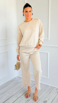 Weekender Ease Scuba 2pc Pant Set - Oatmeal-210 Loungewear/Sets-YELETE-Coastal Bloom Boutique, find the trendiest versions of the popular styles and looks Located in Indialantic, FL