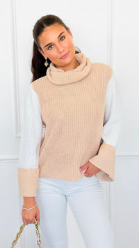 Two-Tone Turtleneck Flare Sleeve Sweater-140 Sweaters-ROUSSEAU-Coastal Bloom Boutique, find the trendiest versions of the popular styles and looks Located in Indialantic, FL