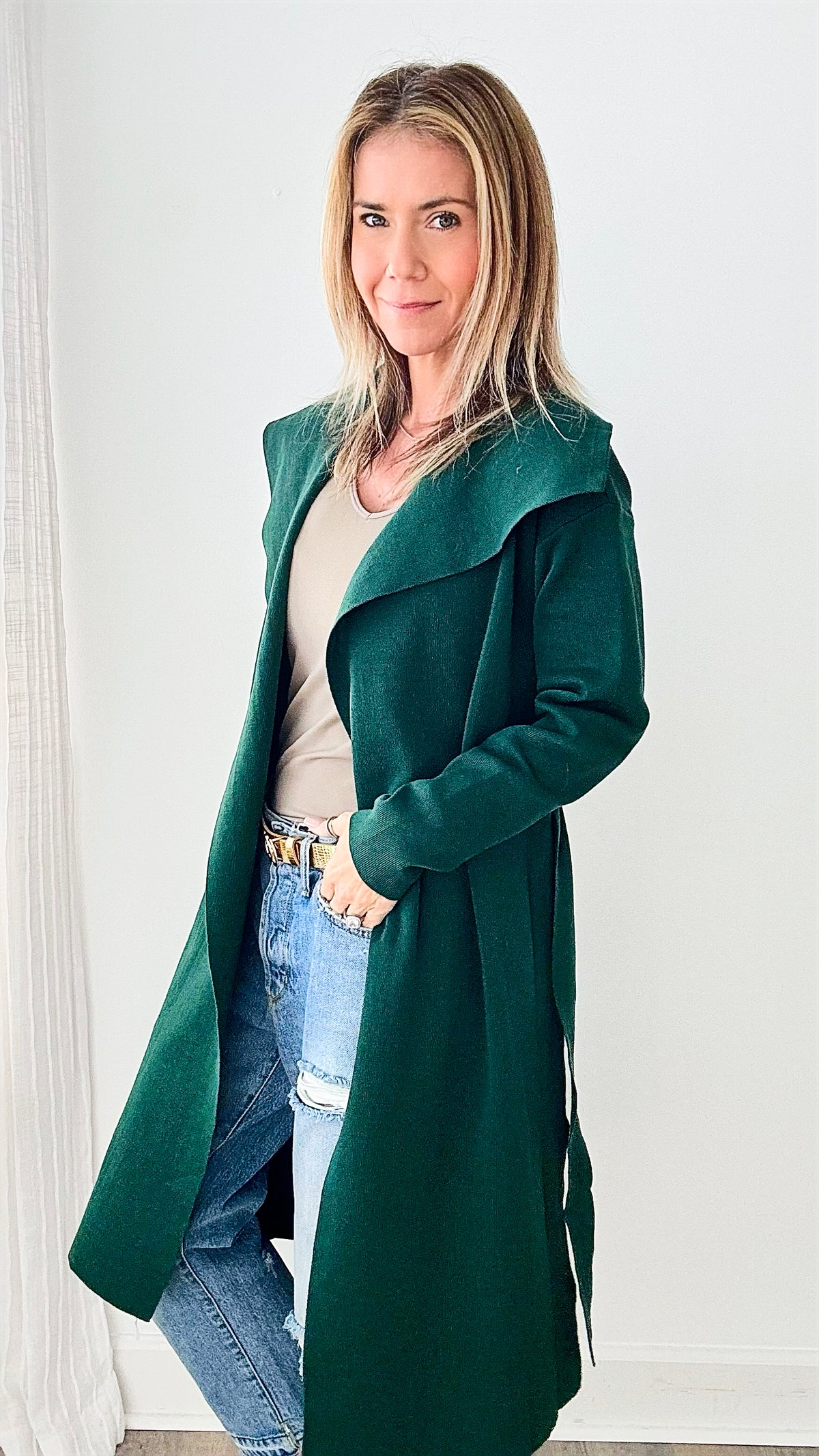 Ribbon Tied Coat - Hunter Green-150 Cardigans/Layers-LOVE TREE-Coastal Bloom Boutique, find the trendiest versions of the popular styles and looks Located in Indialantic, FL
