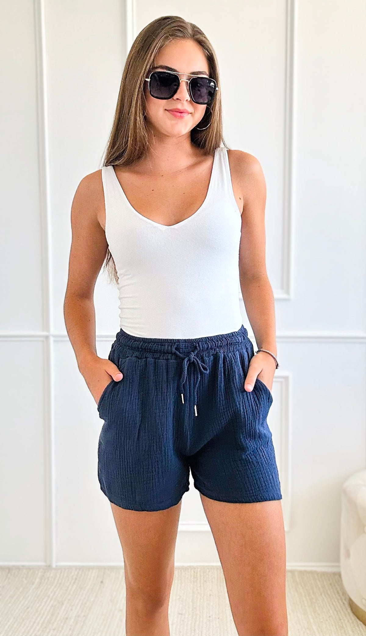 Whispering Willow Italian Short - Navy-Short-Italianissimo-Coastal Bloom Boutique, find the trendiest versions of the popular styles and looks Located in Indialantic, FL