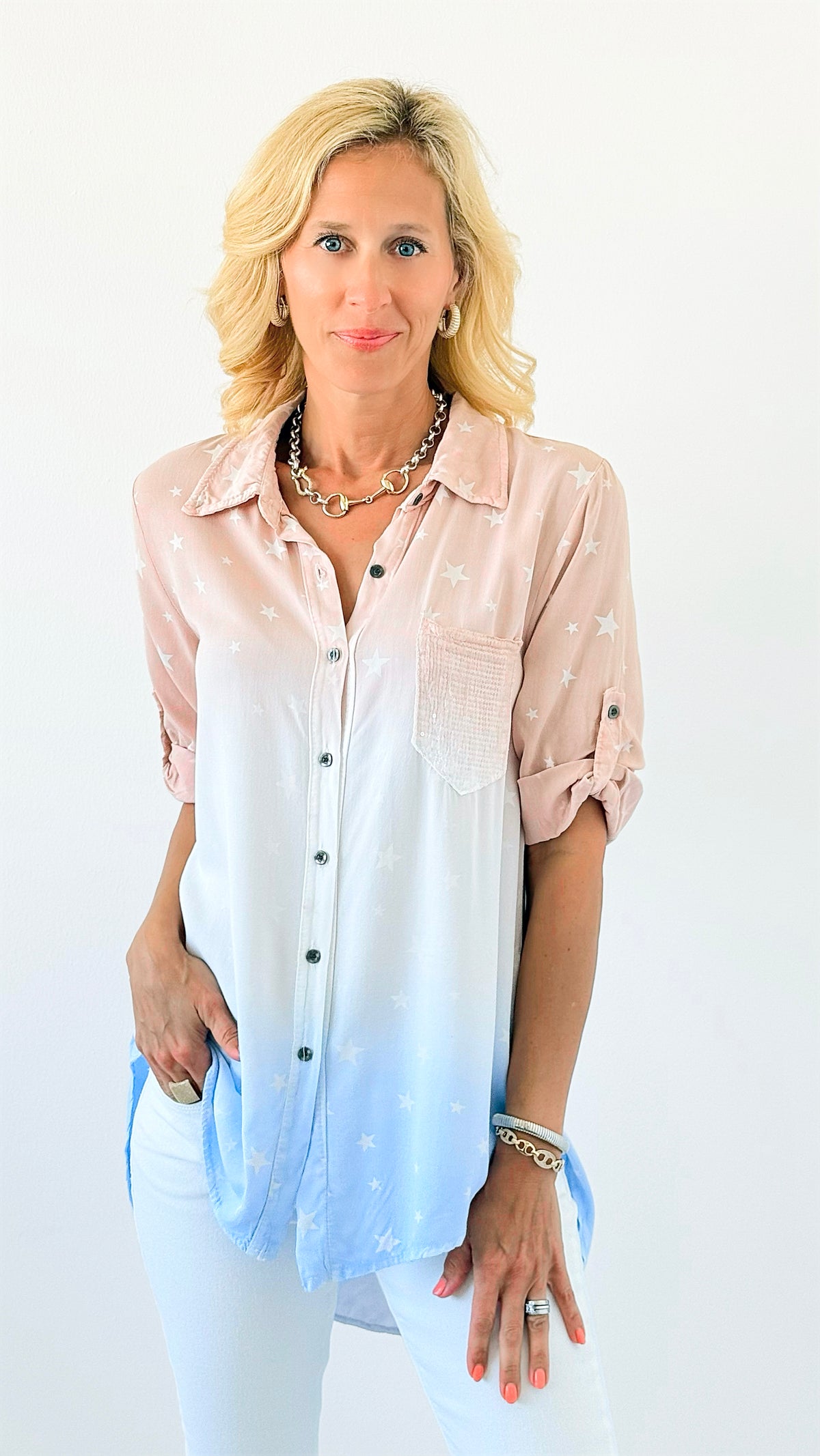 Ombre Stars & Sequin Italian Shirt-130 Long Sleeve Tops-Venti6 Outlet-Coastal Bloom Boutique, find the trendiest versions of the popular styles and looks Located in Indialantic, FL
