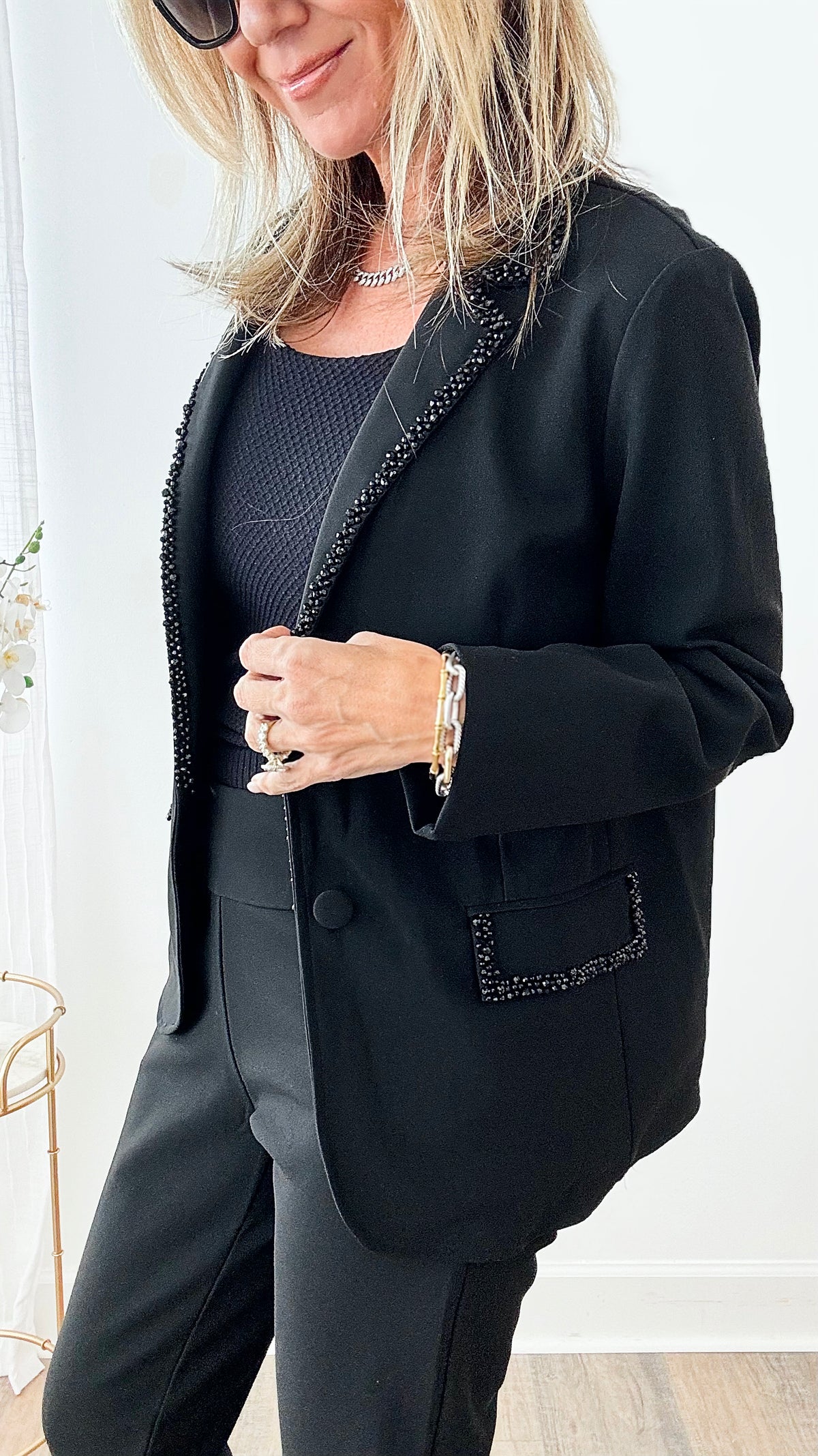 Rhinestone Trim Joan Blazer-160 Jackets-Joh Apparel-Coastal Bloom Boutique, find the trendiest versions of the popular styles and looks Located in Indialantic, FL