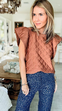 Quilted Ruffle Sleeve Top - Mocha-110 Short Sleeve Tops-Ces Femme-Coastal Bloom Boutique, find the trendiest versions of the popular styles and looks Located in Indialantic, FL