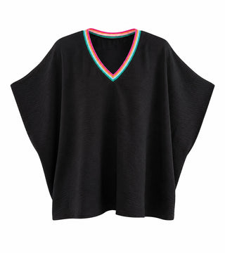 Rainbow Trim V-Neck Top - Black
