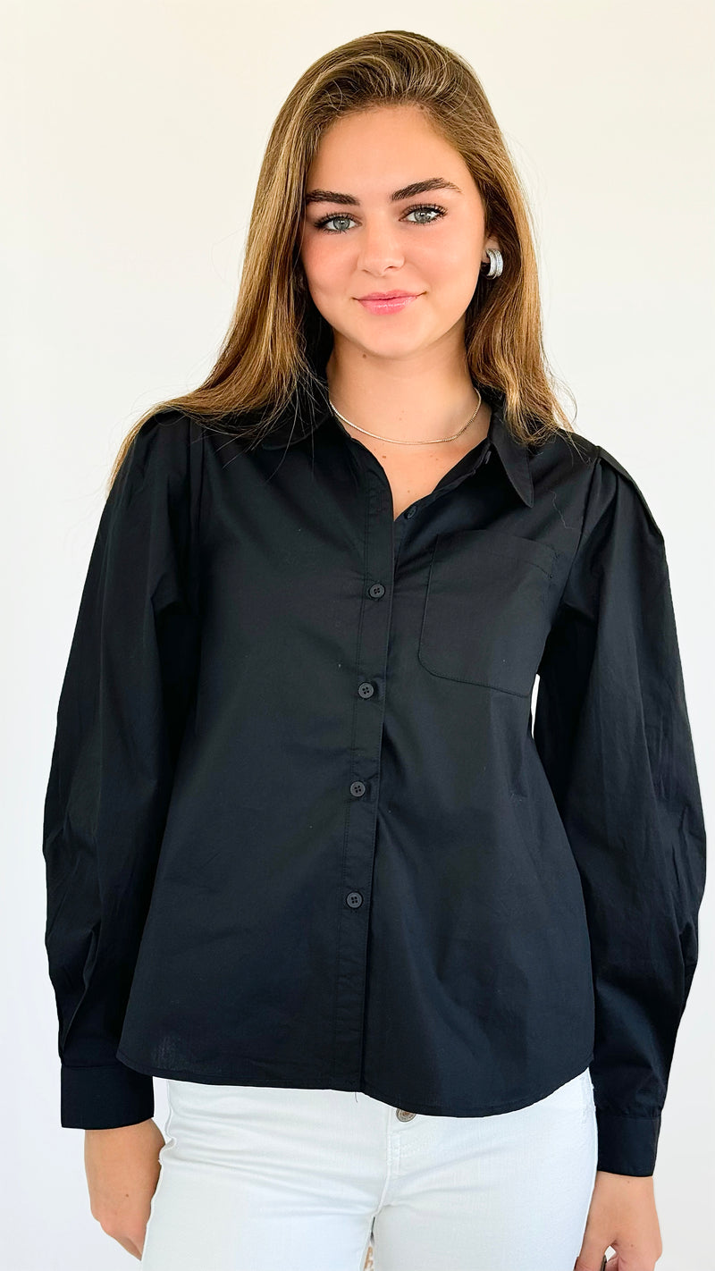 Poplin Puff Sleeve Solid Shirt Top - Black-130 Long Sleeve Tops-VERY J-Coastal Bloom Boutique, find the trendiest versions of the popular styles and looks Located in Indialantic, FL