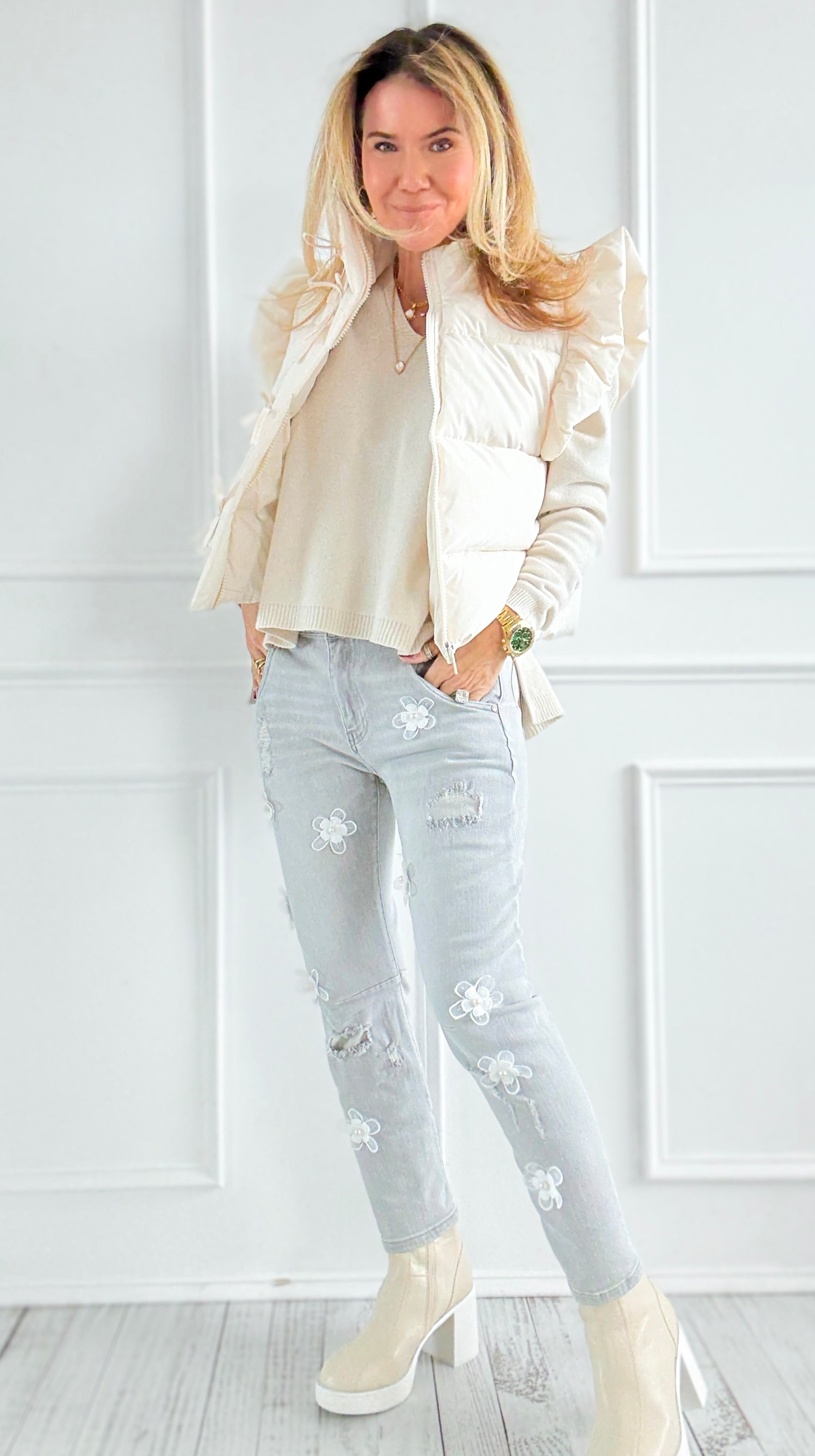 Pearl Petals Italian Denim Pant-100 Pants-DIPINTO DI BLU-Coastal Bloom Boutique, find the trendiest versions of the popular styles and looks Located in Indialantic, FL