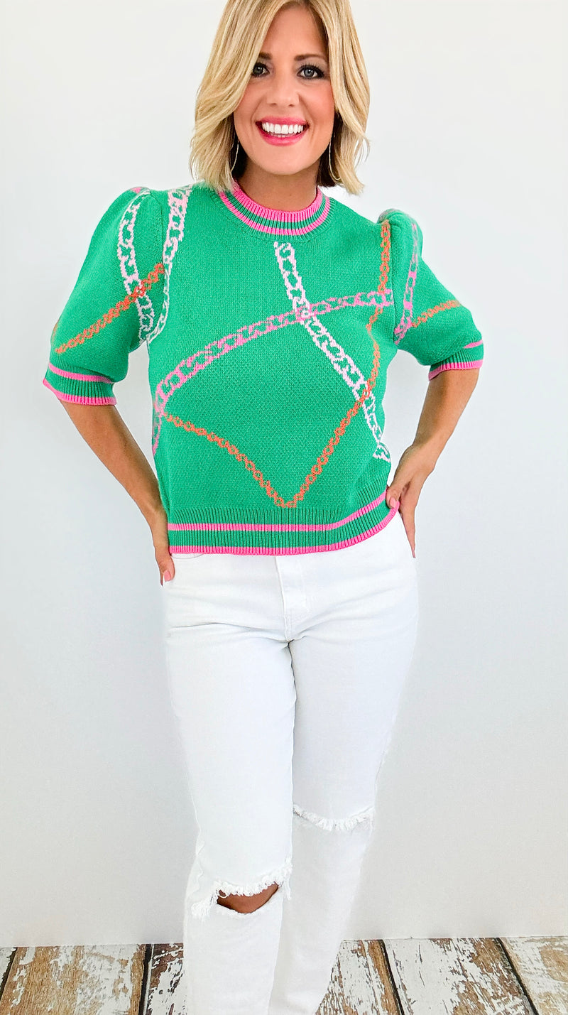 Chain Printed Knit Top - Green-110 Short Sleeve Tops-THML-Coastal Bloom Boutique, find the trendiest versions of the popular styles and looks Located in Indialantic, FL