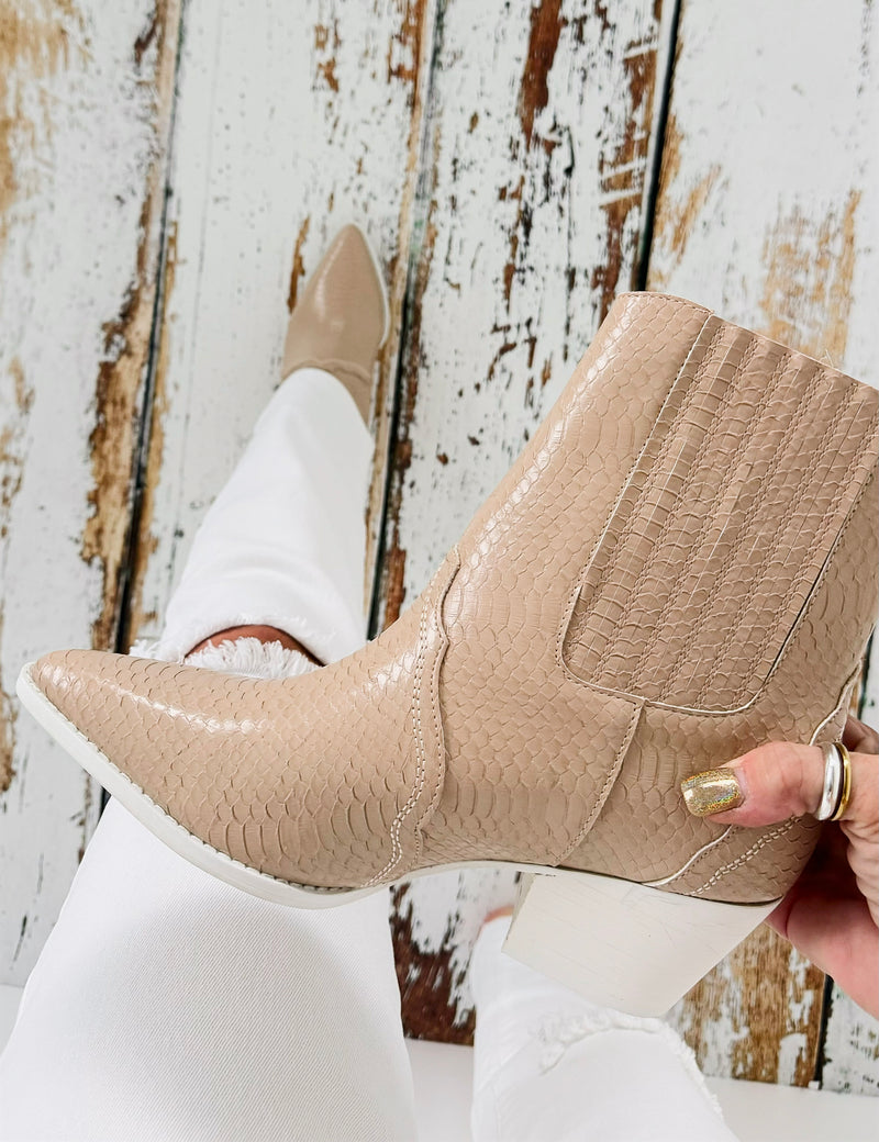 Textured Western Pointed Ankle Boots - Beige-250 Shoes-Oasis Society-Coastal Bloom Boutique, find the trendiest versions of the popular styles and looks Located in Indialantic, FL