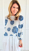 Noir Petals Short Sleeve Italian St Tropez Knit- Blue-140 Sweaters-Italianissimo-Coastal Bloom Boutique, find the trendiest versions of the popular styles and looks Located in Indialantic, FL