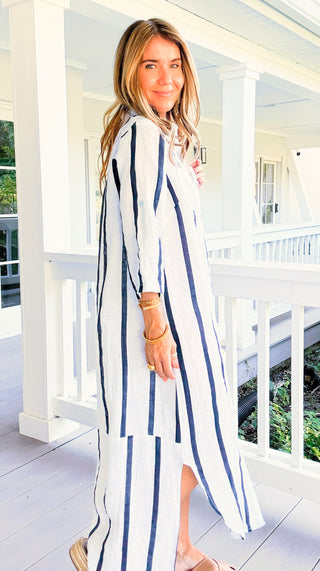 Weekend Sail Stripe Italian Button Dress- White