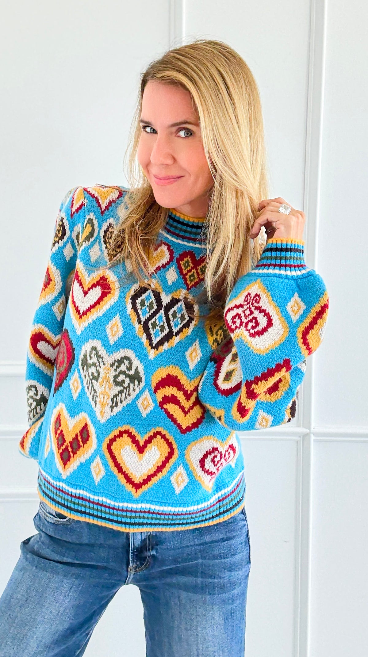 Kaleidohearts Puff Sleeve Sweater-140 Sweaters-&MERCI-Coastal Bloom Boutique, find the trendiest versions of the popular styles and looks Located in Indialantic, FL