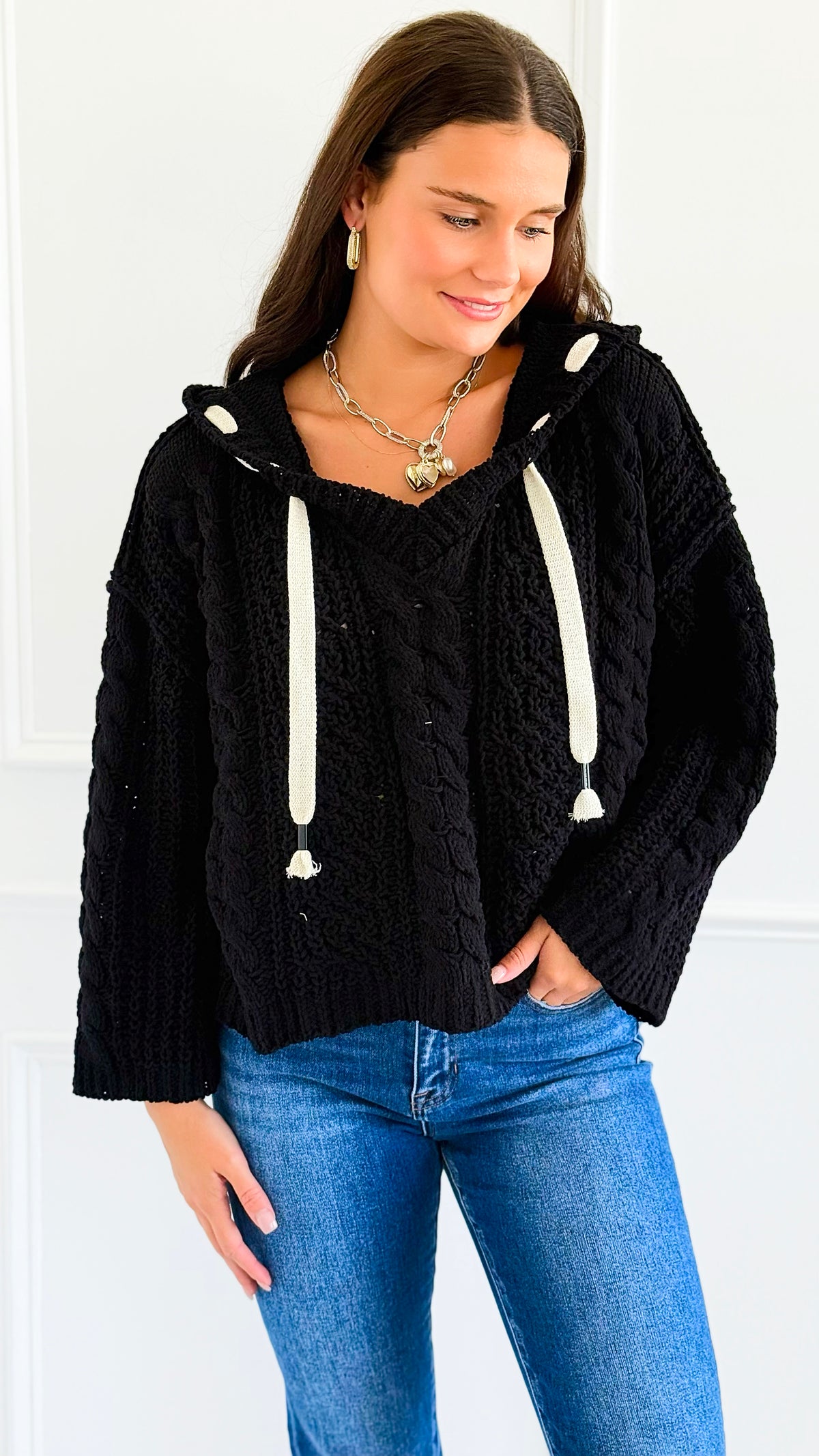 Seaside Breeze Hooded Chenille Sweater - Black-140 Sweaters-Zenana-Coastal Bloom Boutique, find the trendiest versions of the popular styles and looks Located in Indialantic, FL