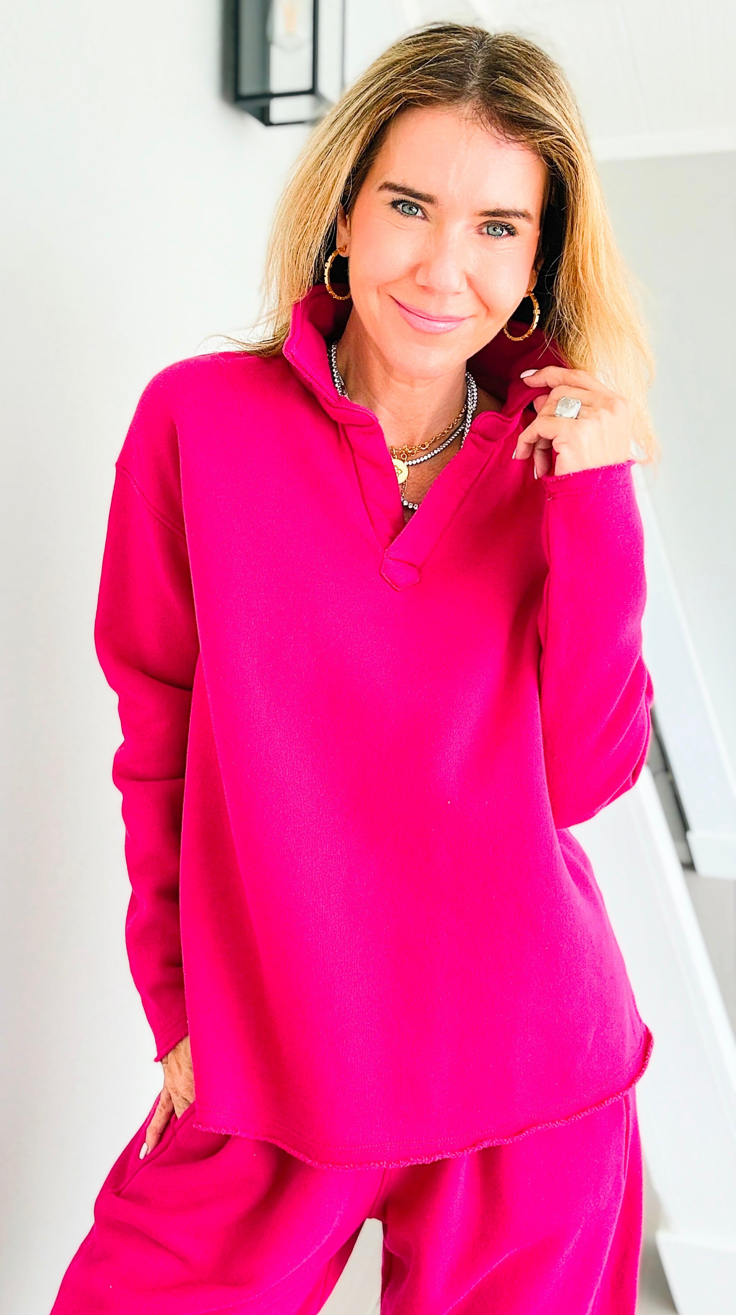 Eileen Cozy Lounge Collar Pullover Top - Plum Pink