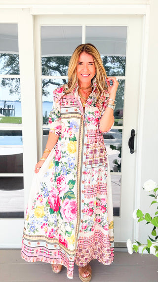 The Floral Mosaic Italian Button Long Dress