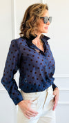 Charmed In Dots Italian Button Up Top- Navy-170 Bottoms-AZUL MONACO-Coastal Bloom Boutique, find the trendiest versions of the popular styles and looks Located in Indialantic, FL