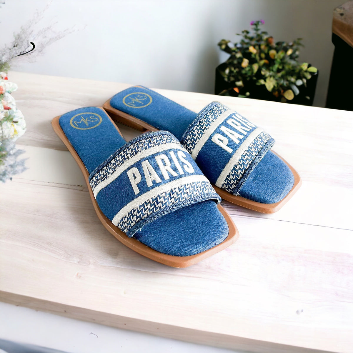 Embroidered Slip On Sandals - Lt. Denim Paris-250 Shoes-Maker's Shoes-Coastal Bloom Boutique, find the trendiest versions of the popular styles and looks Located in Indialantic, FL