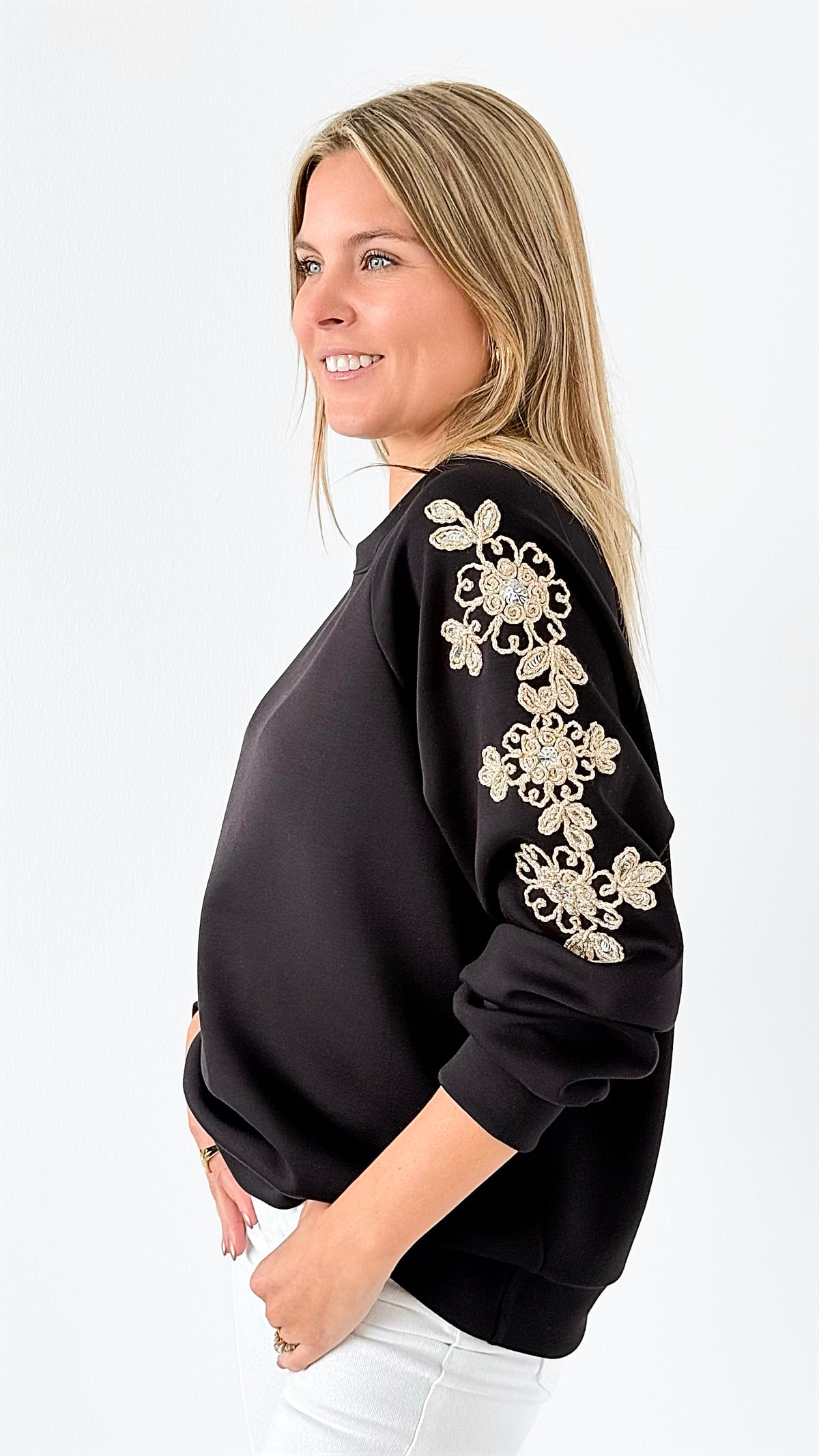 Ornate Blossom Sleeve Italian Sweater- Black-140 Sweaters-Italianissimo-Coastal Bloom Boutique, find the trendiest versions of the popular styles and looks Located in Indialantic, FL