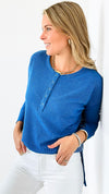 Button-Front Waffle Knit Top - Blue-110 Long Sleeve Tops-Zenana-Coastal Bloom Boutique, find the trendiest versions of the popular styles and looks Located in Indialantic, FL