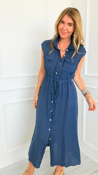 Tie Waist Sleeveless Linen Italian Midi Dress- Navy
