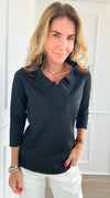 3/4 Sleeves Ruffled Neck Blouse - Black-130 Long Sleeve Tops-Gretchen Scott-Coastal Bloom Boutique, find the trendiest versions of the popular styles and looks Located in Indialantic, FL