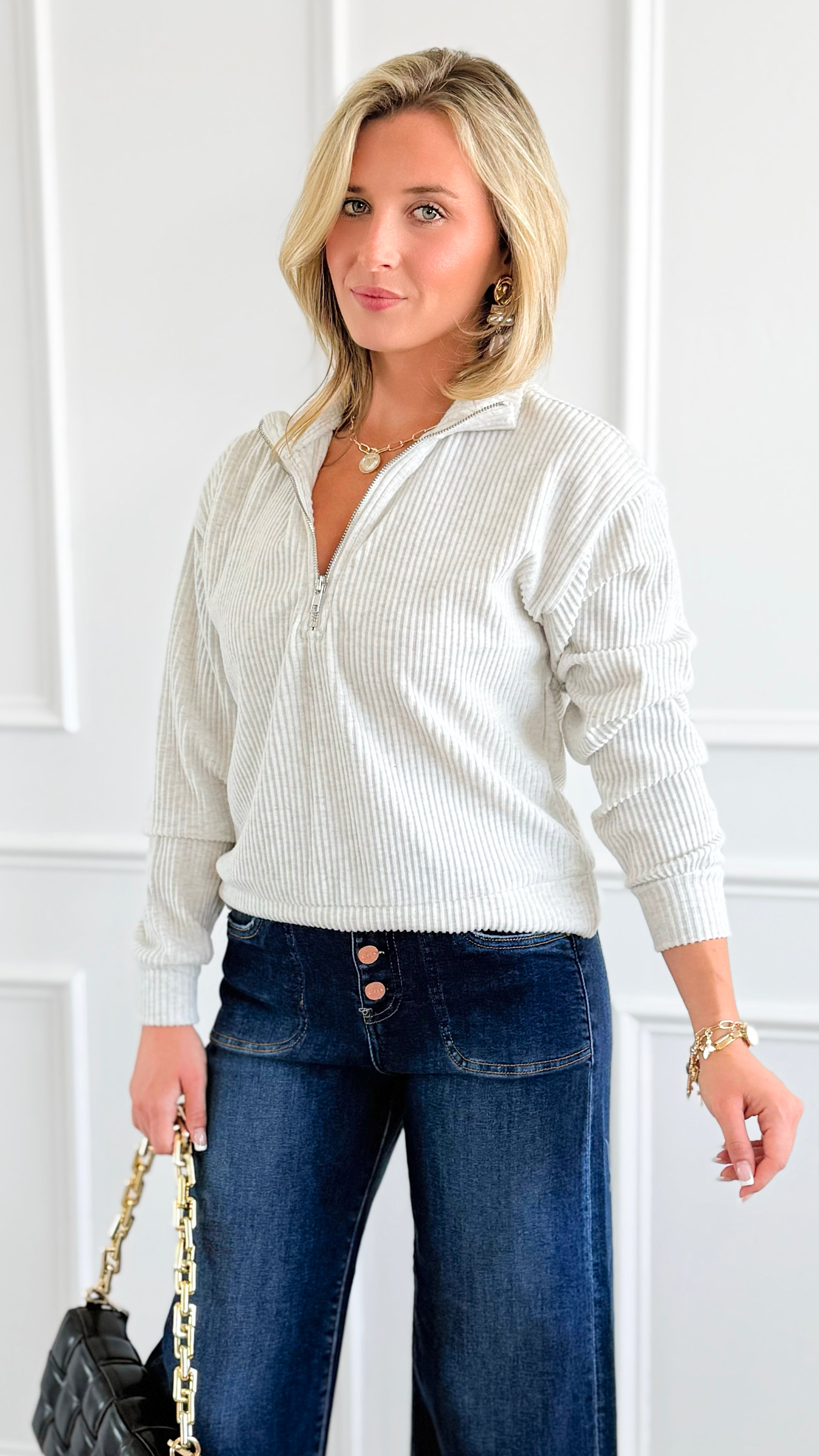 Weekend Ease Ribbed Sweatshirt - Heather Grey-130 Long Sleeve Tops-IRIS-Coastal Bloom Boutique, find the trendiest versions of the popular styles and looks Located in Indialantic, FL
