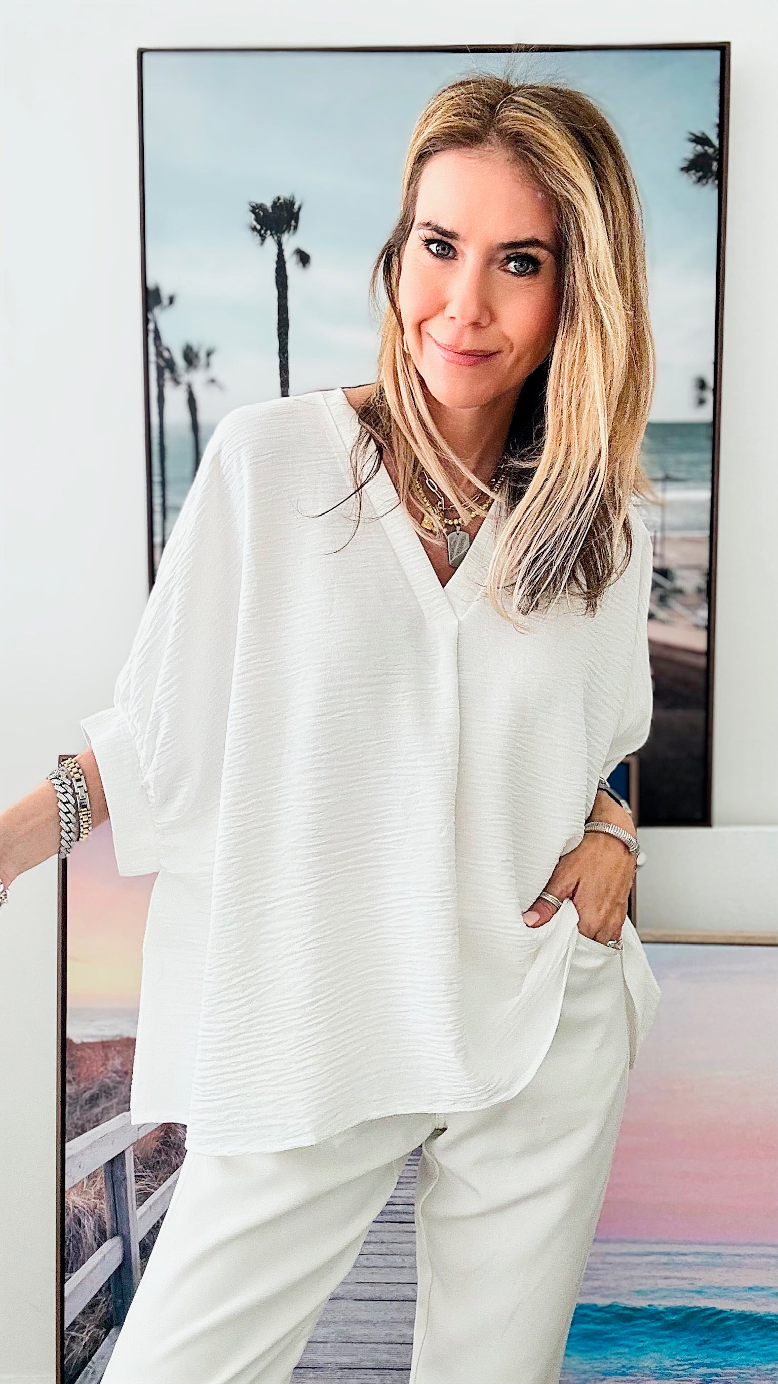 Woven Airflow Top - Off White-130 Long Sleeve Tops-Zenana-Coastal Bloom Boutique, find the trendiest versions of the popular styles and looks Located in Indialantic, FL