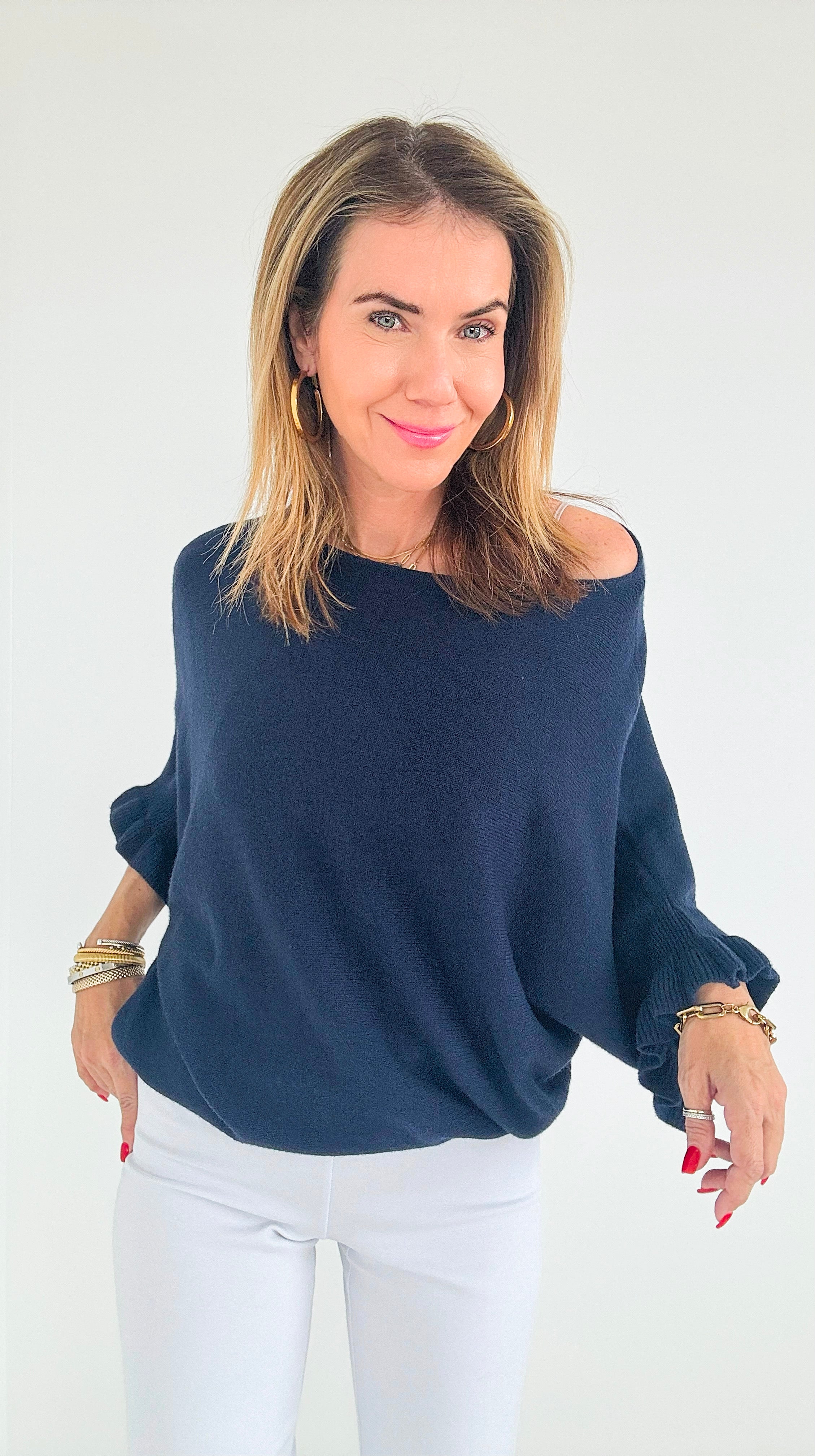 Soft Frills Italian Sweater- Navy-140 Sweaters-Italianissimo-Coastal Bloom Boutique, find the trendiest versions of the popular styles and looks Located in Indialantic, FL