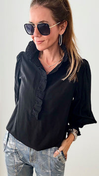Ruffled Up Collar Button Down Poplin Blouse - Black-130 Long Sleeve Tops-&MERCI-Coastal Bloom Boutique, find the trendiest versions of the popular styles and looks Located in Indialantic, FL