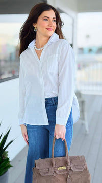 Perfectly Striped Italian Button Top- White/Beige
