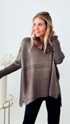 V Neck Gold Foil Sweater - Brown-140 Sweaters-moda italia-Coastal Bloom Boutique, find the trendiest versions of the popular styles and looks Located in Indialantic, FL