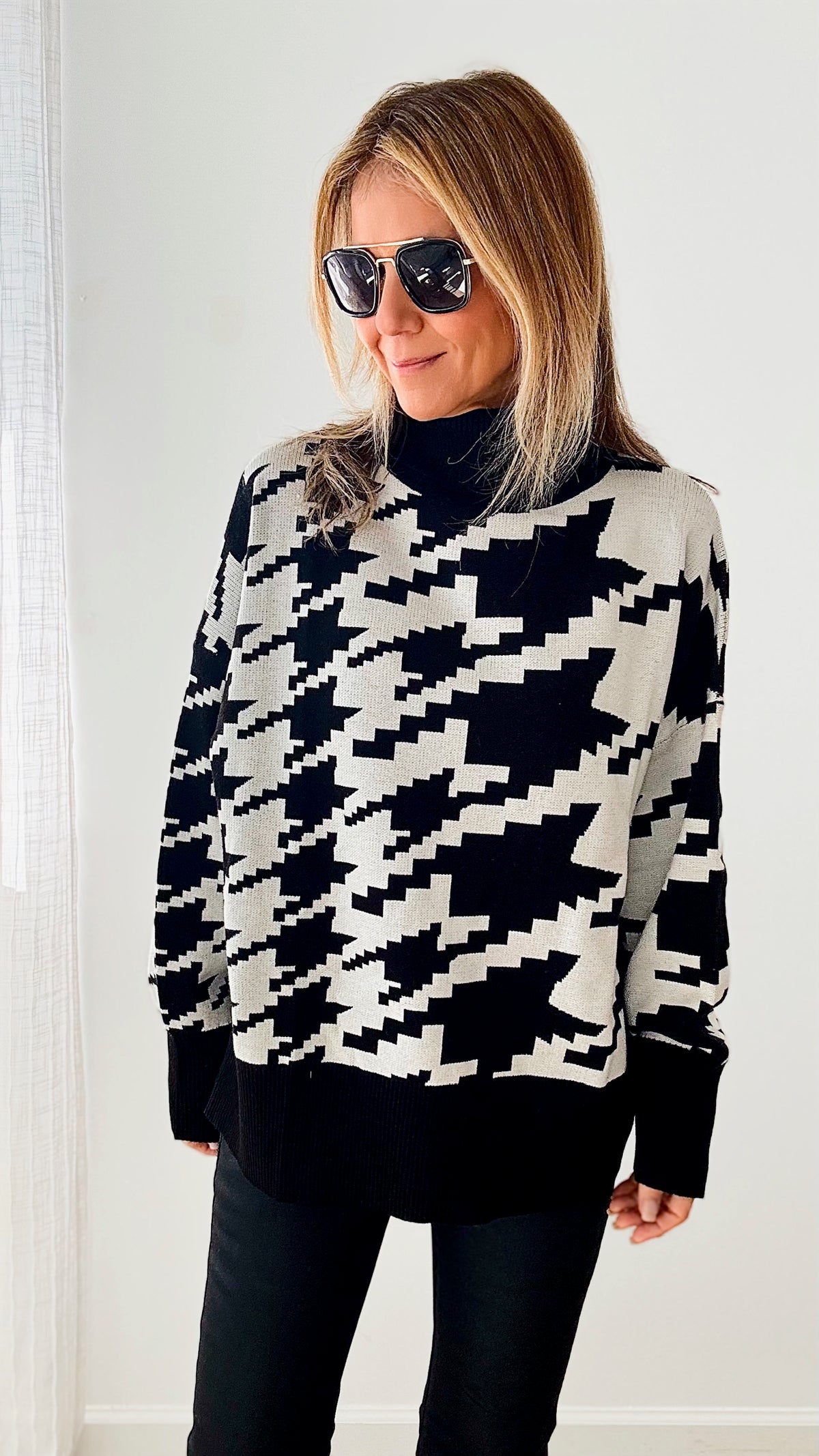 Houndstooth Turtleneck Sweater - Black/White-140 Sweaters-Rousseau-Coastal Bloom Boutique, find the trendiest versions of the popular styles and looks Located in Indialantic, FL
