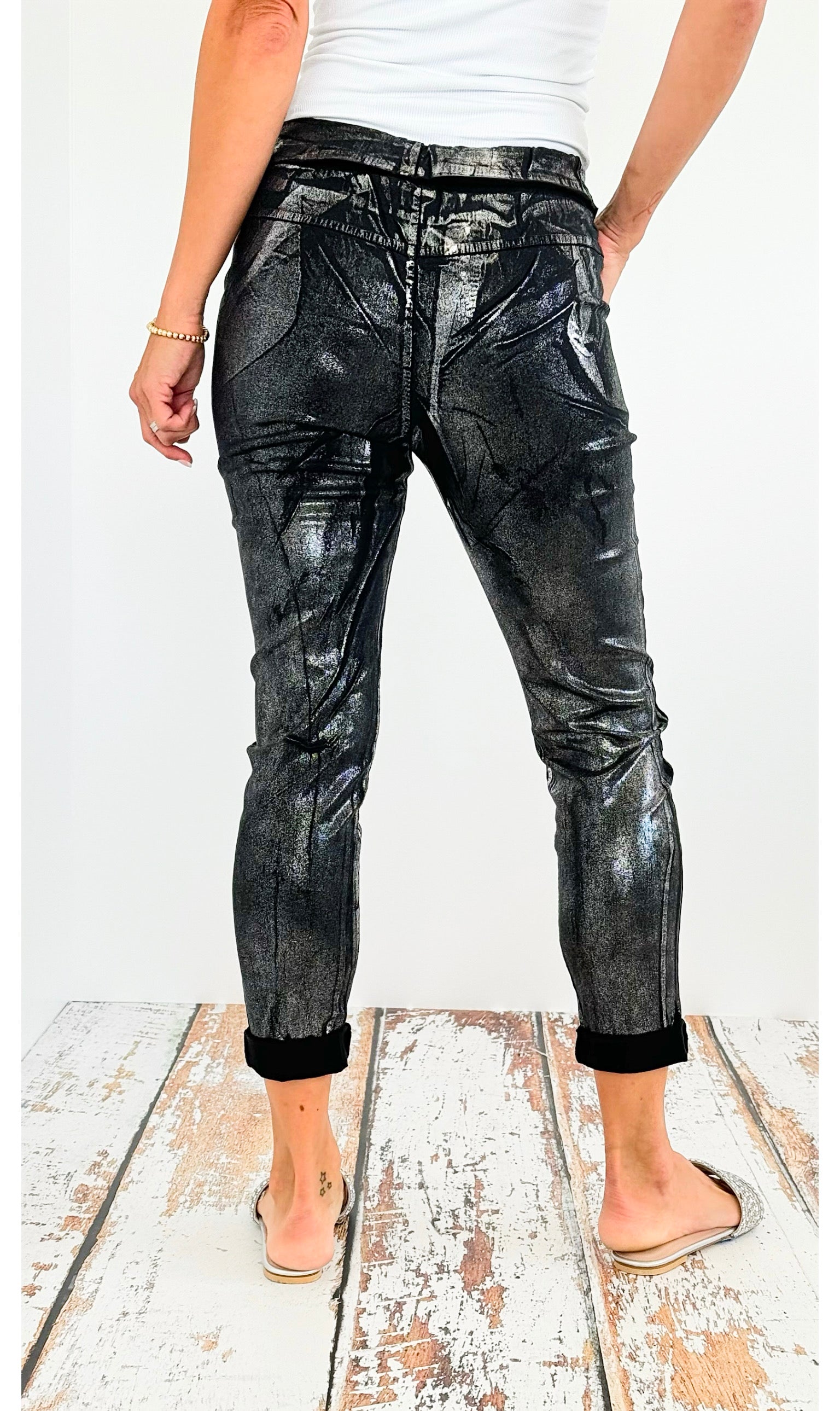 Shine-On Glistening Italian Joggers - Black/ Silver-pants-Italianissimo-Coastal Bloom Boutique, find the trendiest versions of the popular styles and looks Located in Indialantic, FL