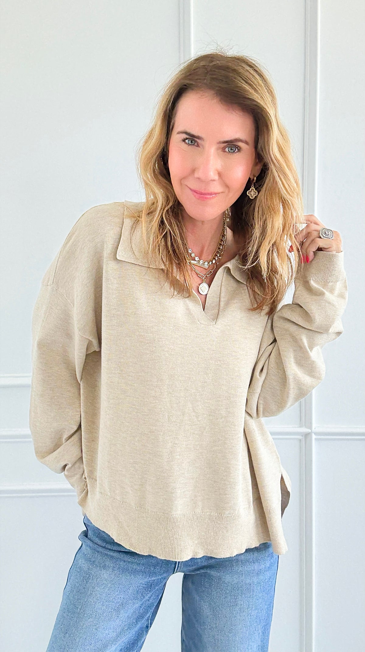 Soft Whisper Collar Pullover - Oatmeal-140 Sweaters-things between-Coastal Bloom Boutique, find the trendiest versions of the popular styles and looks Located in Indialantic, FL