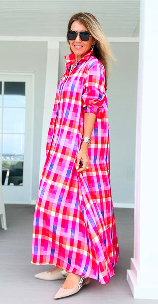 Sweet Check Italian Button Long Dress