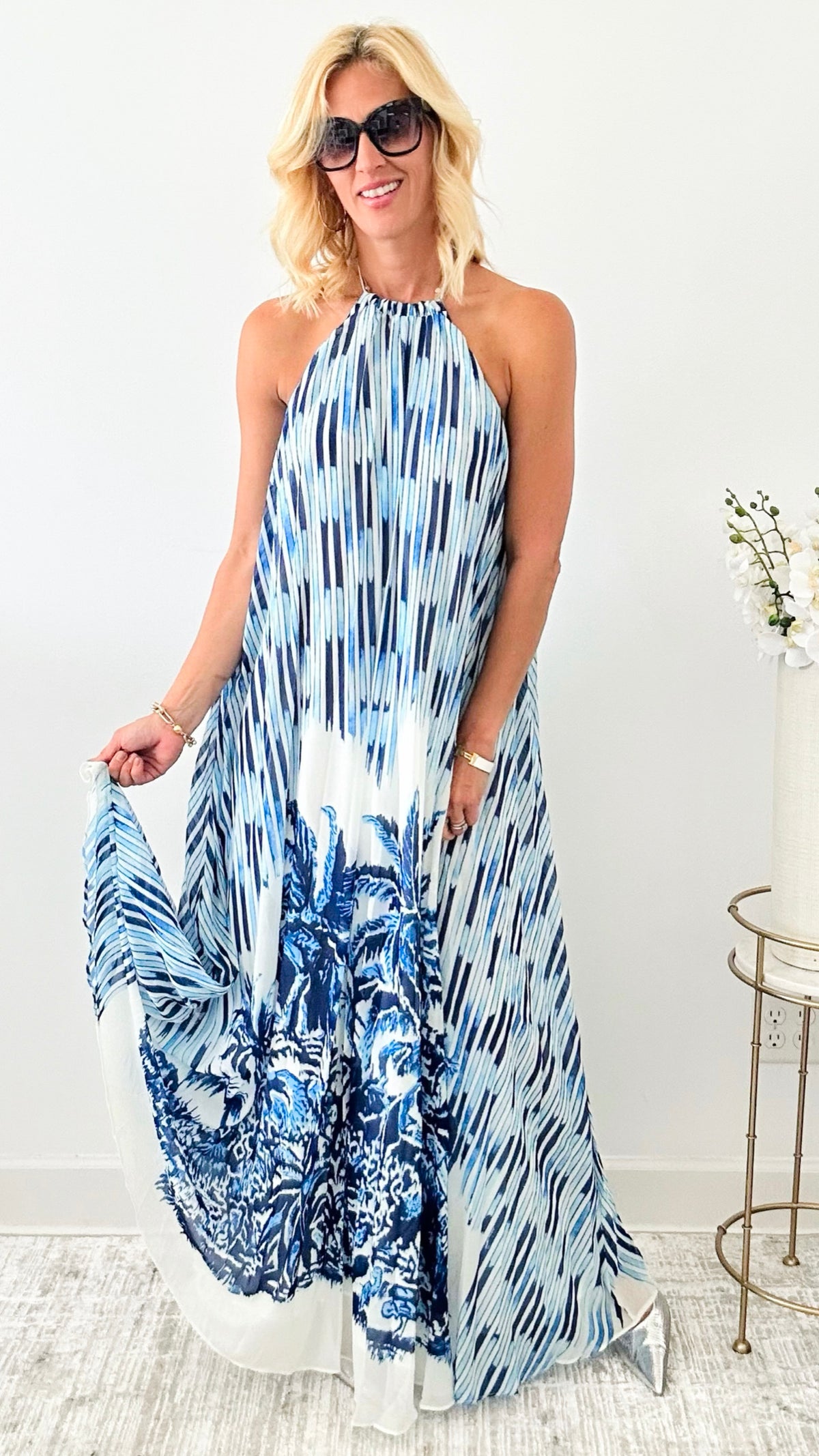 Azure Oasis Printed Maxi Dress - Blue Ivory-200 Dresses/Jumpsuits/Rompers-Rousseau-Coastal Bloom Boutique, find the trendiest versions of the popular styles and looks Located in Indialantic, FL